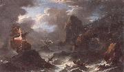 A coastal landscape with shipping in a storm,figures shipwrecked in the foreground
